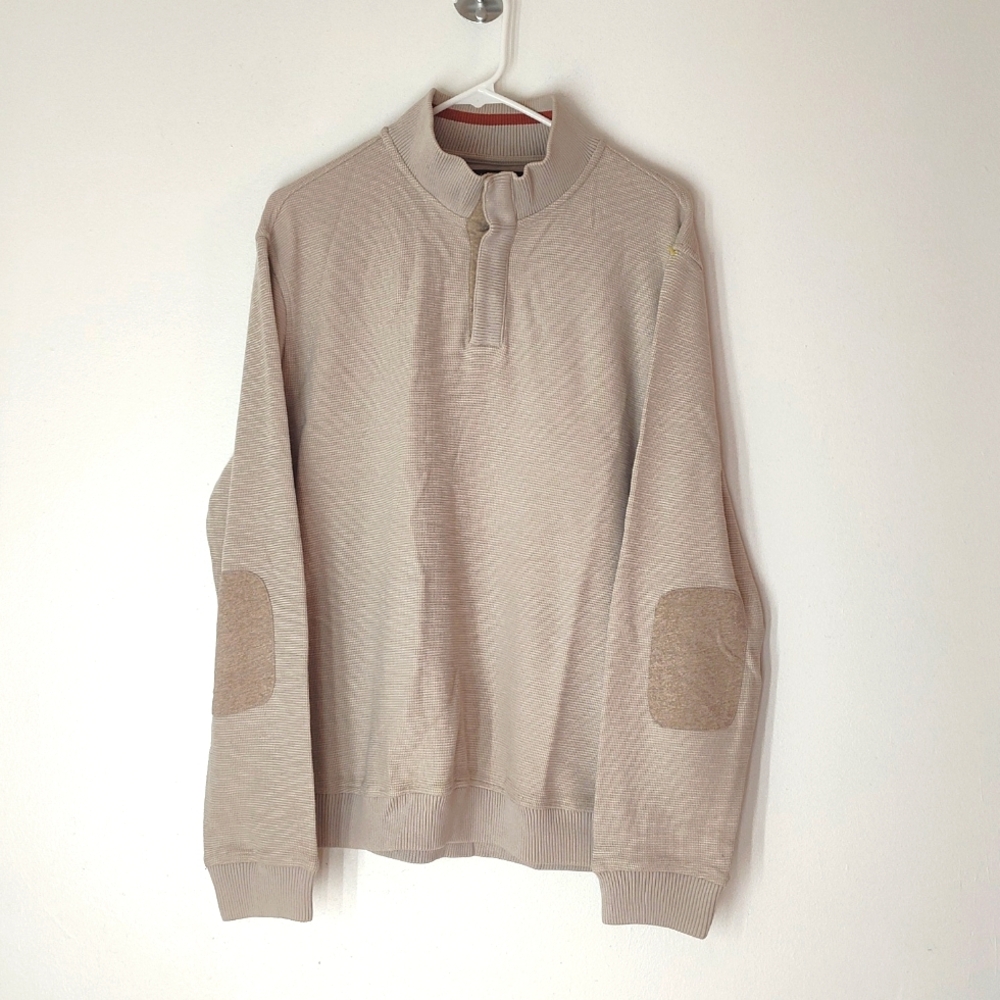 Perry Ellis Sweater Mens Large cream Elbow Patch Pullover Quarter snaps